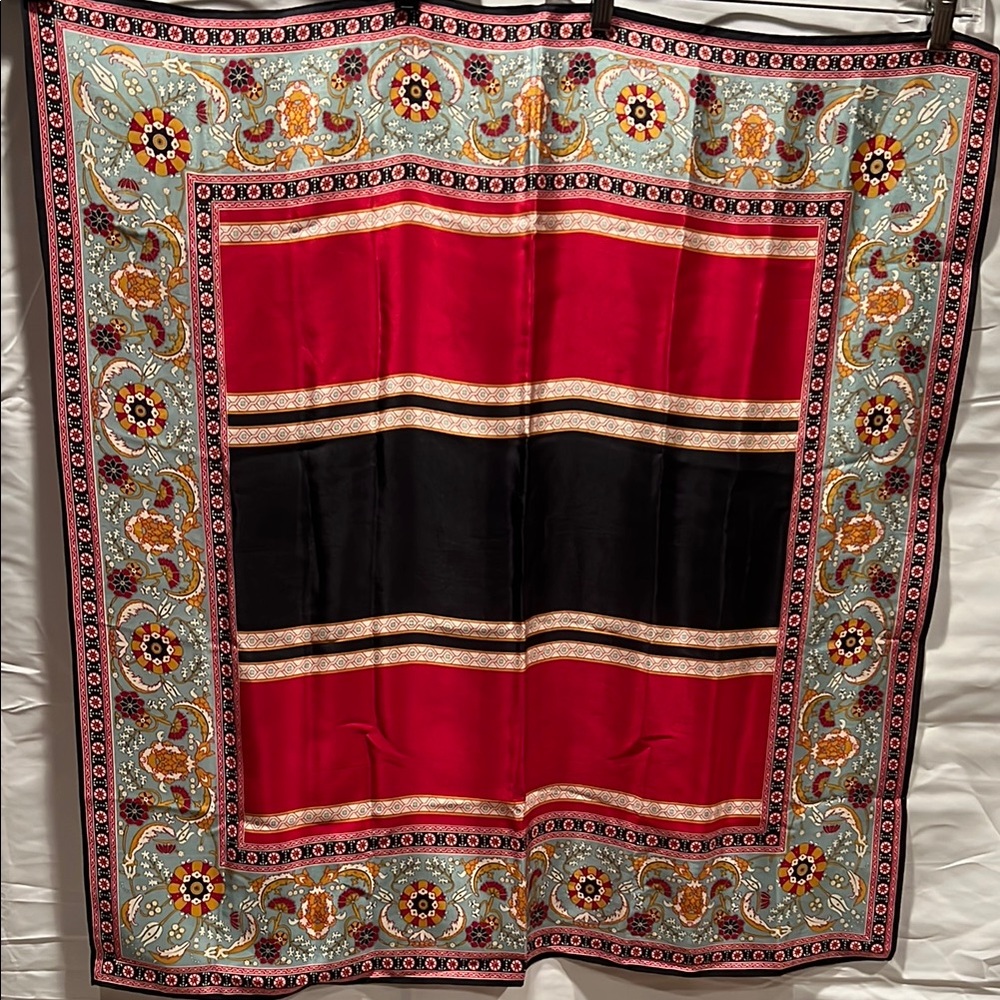 X SOLD  Women’s Large Elegant Red Black Gold Blue  100% Silk Scarf 30x 31” Japan